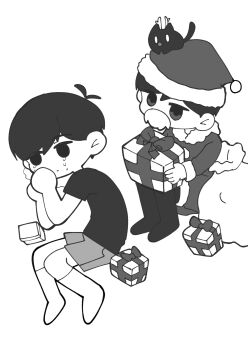 Rule 34 | 2boys, alternate costume, antenna hair, bow, box, cat, closed mouth, commentary request, crying, crying with eyes open, double-parted bangs, dual persona, fake facial hair, fake mustache, gift, gift box, greyscale, hair between eyes, hat, highres, looking at another, lying, male focus, mewo, monochrome, multiple boys, omori, omori (omori), on side, ribbon, sack, santa costume, santa hat, shirotsume 143, shirt, short hair, short sleeves, shorts, simple background, sitting, socks, sunny (omori), t-shirt, tears, thighhighs
