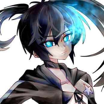 Rule 34 | 1girl, bikini, black hair, black rock shooter, black rock shooter (character), blue eyes, blue fire, fire, flaming eye, front-tie bikini top, front-tie top, glowing, glowing eyes, hashtag-only commentary, long hair, solo, swimsuit, twintails, uneven twintails, upper body, white background, zero zsf