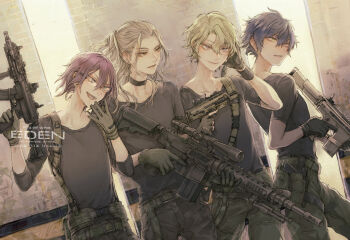 Rule 34 | 4boys, assault rifle, bad id, bad pixiv id, belt, black choker, black gloves, black pants, black shirt, blue eyes, blue hair, cargo pants, choker, collarbone, copyright name, curtained hair, dated, ensemble stars!, glasses, gloves, green belt, green hair, green pants, grey hair, gun, hair between eyes, hand on own head, hand up, handgun, highres, holding, holding gun, holding weapon, laughing, long hair, long sleeves, male focus, multiple boys, open mouth, orange eyes, pants, ponytail, purple eyes, purple hair, ran nagisa, rifle, saegusa ibara, sazanami jun, semi-rimless eyewear, shirt, shoden, short hair, short sleeves, smile, standing, submachine gun, suspenders, t-shirt, tomoe hiyori, trigger discipline, weapon, yellow eyes