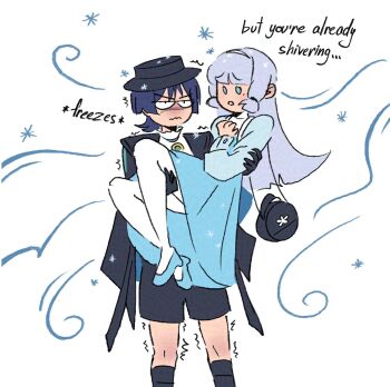 1boy 1girl alternate_costume aqua_gemstone ayaka_(genshin_impact) black_cloak black_gloves black_hair black_hat black_shorts blue_dress blue_eyes blue_shoes blue_shrug blunt_bangs blunt_ends blunt_tresses boater_hat brooch carrying cloak closed_mouth collar collared_shirt commentary couple dress english_commentary english_text formal_clothes gem genshin_impact gloves gold grey_hair hairband hand_on_another&#039;s_arm hand_on_another&#039;s_thigh hand_on_own_chest hat hetero highres hime_cut jewelry kamisato_ayaka_(oneplus)_(genshin_impact) long_hair looking_at_another looking_past_viewer low_block_heels mole mole_under_eye pantyhose princess_carry riina_606 sanpaku scaramouche_(genshin_impact) shirt shoes shorts shrug_(clothing) snowflakes sound_effects standing trembling undershirt wanderer_(genshin_fes_2026)_(genshin_impact) wanderer_(genshin_impact) wavy_mouth white_background white_collar white_hairband white_pantyhose white_shirt wind wispy_bangs