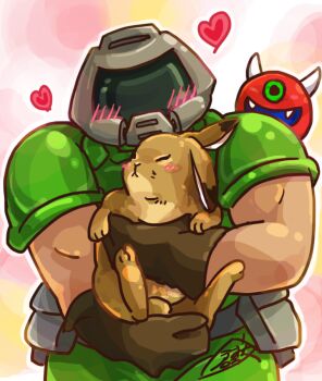 1boy animal animal_hug black_gloves blush cacodemon chibi daisy_(doom) doom_(series) doomguy gloves gradient_background heart helmet kurashiki_nanka male_focus rabbit rabbit_ears solo