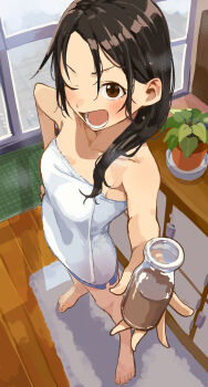 1girl ;d bare_arms bare_legs bare_shoulders barefoot black_hair blush bottle breasts brown_eyes chocolate_milk commentary_request door hand_on_own_hip highres holding holding_bottle indoors long_hair looking_at_viewer manemane_nichinichi milk_bottle nagisa_akane naked_towel one_eye_closed open_mouth plant potted_plant small_breasts smile solo standing towel yamamoto_souichirou