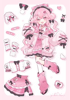 Rule 34 | 1girl, :d, ahoge, artist name, asymmetrical legwear, bandaid, black bow, blush stickers, border, bow, bow legwear, cardigan, collared shirt, commentary, cross-laced clothes, cross-laced sleeves, crossed bangs, double-parted bangs, drop shadow, english commentary, footwear bow, full body, hair between eyes, hair bow, hair ornament, hands up, heart, heart ahoge, heart hair ornament, highres, long hair, long sleeves, looking at viewer, open cardigan, open clothes, open mouth, original, outline, outside border, pink border, pink bow, pink cardigan, pink eyes, pink hair, pink skirt, pink socks, shirt, single thighhigh, skirt, sleeves past fingers, sleeves past wrists, smile, socks, solo, standing, standing on one leg, thighhighs, uneven legwear, unworn clothes, white background, white bow, white outline, white shirt, x hair ornament, yukomeow