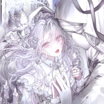 1girl bird dress frills hair_ornament highres long_hair long_sleeves original pale_skin pink_eyes upper_body white_hair white_theme wuyu16