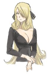 Rule 34 | 1girl, akushitsu ningen, black shirt, blonde hair, breasts, cleavage, creatures (company), cropped torso, cynthia (pokemon), game freak, grey eyes, hair ornament, hair over one eye, highres, large breasts, long hair, long sleeves, nintendo, parted lips, pokemon, pokemon dppt, shirt, solo, upper body, white background