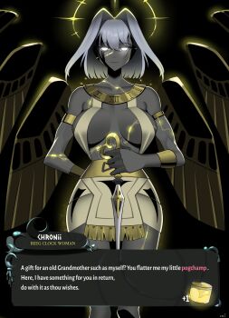 1girl absurdres alternate_color alternate_costume ancient_egyptian ancient_egyptian_clothes ancient_greek_clothes arm_behind_back armlet bare_shoulders bikini bikini_top_only black_background black_skin blonde_hair bracelet breasts chronos_(hades) chronos_(hades)_(cosplay) cleavage closed_mouth colored_inner_hair colored_skin cosplay dark-skinned_female dark_skin dress gold greco-roman_clothes grey_hair hades_(series) hades_2 hair_intakes halo highres holding hololive hololive_english jewelry kintsugi large_breasts looking_at_viewer miniskirt multicolored_hair multiple_wings navel necklace no_pupils ouro_kronii roman_numeral short_hair simple_background skirt solo staff swimsuit virtual_youtuber white_bikini white_dress white_eyes white_skirt wings xnijg