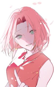1girl cherry_blossoms collared_shirt falling_petals green_eyes happy_birthday haruno_sakura head_tilt highres index_finger_raised looking_at_viewer mushroomuaa naruto_(series) parted_lips petals pink_hair red_shirt shirt short_hair sleeveless sleeveless_shirt smile upper_body white_background
