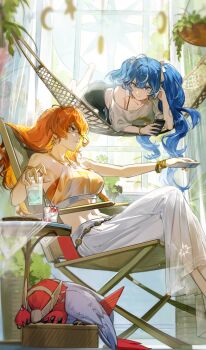 2girls :t ahoge alternate_costume armlet augusta_(wuthering_waves) bare_shoulders barefoot black_shorts blue_eyes blue_hair blue_nails bokyo bracelet breasts cellphone closed_mouth collarbone controller crossed_legs cup dolphin_shorts earrings fingernails hammock highres holding holding_cup holding_phone holding_remote_control indoors iuno_(wuthering_waves) jewelry long_hair looking_at_another medium_breasts multicolored_hair multiple_girls nail_polish navel on_hammock orange_hair orange_nails pants phone pout red_eyes remote_control shirt shorts single_off_shoulder smartphone stomach streaked_hair sun_earrings twintails v-shaped_eyebrows white_pants white_shirt wuthering_waves