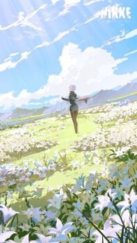 1girl absurdres artist_request closed_eyes closed_mouth cloud copyright_logo copyright_name copyright_notice day flower from_behind goddess_of_victory:_nikke grass grey_hair highres landscape liliweiss_(nikke) lily_(flower) logo mountain nature official_art outdoors pantyhose scenery shift_up side_cape sky solo two-tone_cape white_flower white_lily