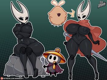 1boy 1girl ^^^ arthropod_girl artist_name black_eyes black_skin breasts cloak colored_skin commentary completely_nude covering_nipples covering_privates curvy english_commentary flea_(hollow_knight) full_body green_background highres hollow_knight hollow_knight:_silksong hornet_(hollow_knight) huge_breasts joints narrow_waist navel needle_(hollow_knight) nipples nude patreon_username pussy red_cloak sherma_(hollow_knight) sitting solid_eyes srbready standing thick_thighs thighs weapon wide_hips