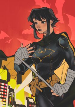 1girl animal_ears bandaged_hand bandages batgirl batman_(series) belt black_bodysuit black_cape black_eyes black_hair black_lips black_nails bodysuit breasts cape cassandra_cain cow dc_comics highres irispardom medium_breasts nail_polish short_hair sidelocks solo superhero_costume two-sided_cape two-sided_fabric utility_belt yellow_cape