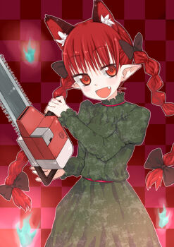 1girl animal_ears braid cat_ears cat_girl chainsaw female_focus hair_ribbon kaenbyou_rin pointy_ears red_eyes red_hair ribbon short_hair solo standing tank_(artist) touhou twin_braids twintails
