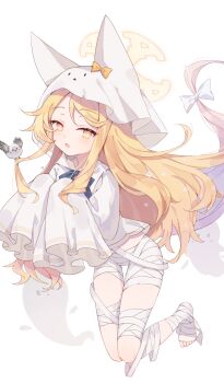 1girl absurdres animal_ear_fluff animal_ears bandage_on_leg bandages bird blonde_hair blue_archive blue_bow blush bow fox_ears fox_girl ghost_costume gold_trim halo highres looking_at_viewer open_mouth seia_(blue_archive) simple_background white_background yellow_halo zhixing_kyouko