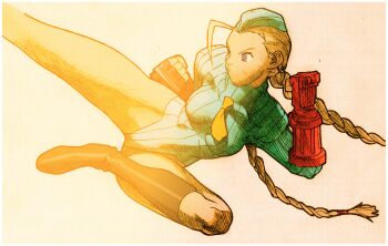 Rule 34 | 1girl, angry, bare legs, bengus, beret, blonde hair, blue eyes, bodypaint, boots, braid, brown boots, cammy white, capcom, clenched hands, facial scar, facing to the side, fighting stance, flying kick, game cg, gloves, hat, highleg, highleg leotard, highres, kicking, legs up, leotard, long hair, marvel, marvel vs. capcom, marvel vs. capcom 2, necktie, non-web source, official art, scan, scar, scar on cheek, scar on face, simple background, sleeved leotard, solo, standing, street fighter, twin braids