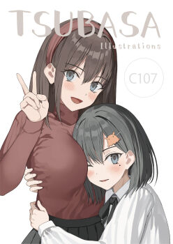 2girls :d black_bow black_bowtie blush bow bowtie breast_rest breasts brown_hair collared_shirt commentary_request cover cover_page grey_eyes grey_hair hair_ornament hairband hand_up highres kureha_(ironika) large_breasts long_hair long_sleeves looking_at_viewer mole mole_under_eye multiple_girls one_eye_closed open_mouth original parted_lips red_hairband red_sweater shirt short_hair sidelocks simple_background smile sweater turtleneck turtleneck_sweater v white_background white_shirt wing_collar