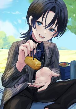Rule 34 | 1girl, belt, bento, black belt, black hair, black pants, black sweater, blue eyes, blue hair, blue shirt, blue sky, chopsticks, collared shirt, colored inner hair, day, grey jacket, harusame349, highres, hiodoshi ao, hiodoshi ao (1st costume), holding, holding chopsticks, hololive, hololive dev is, incoming food, jacket, jewelry, looking at viewer, medium hair, multicolored hair, necklace, open mouth, outdoors, pants, pinstripe jacket, pinstripe pattern, shirt, sky, solo, suit jacket, sweater, teeth, v-neck, virtual youtuber