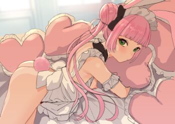 1girl animal_ears apron ass azuse_neko blunt_bangs blush breasts commentary green_eyes hair_bun heart heart-shaped_pillow hugging_object kemomimi_refle! long_hair looking_at_viewer lying maid_headdress naked_apron nipples on_stomach pillow pillow_hug pink_hair rabbit_ears rabbit_girl rabbit_tail small_breasts solo symbol-only_commentary tail uno_sakura virtual_youtuber window