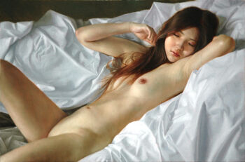 1girl asian black_hair breasts closed_eyes closed_mouth commentary_request completely_nude detached_sleeves forehead hands_up kaworu_(pixiv2055) long_hair lying navel nipples nude oil_painting_(medium) on_back original painting_(medium) pink_lips realistic sleeping small_breasts solo stomach straight_hair traditional_media