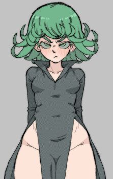 1girl arms_behind_back bikini black_dress blush breasts cowboy_shot curly_hair dress frown green_eyes grey_hair one-punch_man pantsu-ripper pear-shaped_figure pelvic_curtain side-tie_bikini_bottom small_breasts solo swimsuit tatsumaki thick_thighs thighs v-shaped_eyebrows wide_hips
