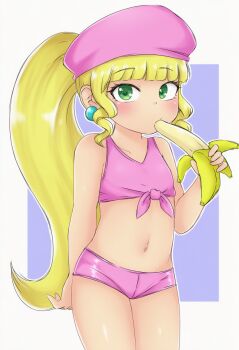 1girl banana blonde_hair blue_background border cowboy_shot crop_top dixie_kong donkey_kong_(series) donkey_kong_country earrings eating food fruit green_eyes grey_border hat humanization jewelry long_hair looking_at_viewer midriff navel nintendo pink_hat pink_shorts ponytail puyopopper shorts simple_background solo standing