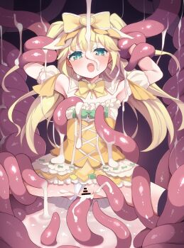 1girl bar_censor blonde_hair blush bow breasts censored commission cum cum_in_pussy dress fujisawa_yuzu hair_ornament highres karaage3 long_hair ongeki open_mouth panties restrained skeb_commission sleeveless solo spread_legs tentacles thighhighs underwear vaginal