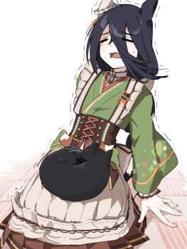 1girl animal animal_ears animal_on_lap apron black_cat cat cat_on_lap closed_eyes collared_dress cramp dress ear_covers flat_chest furrowed_brow green_dress green_kimono hair_between_eyes hands_on_feet highres horse_ears horse_girl japanese_clothes kimono leaning_back long_hair_between_eyes long_sleeves looking_down manhattan_cafe_(umamusume) manhattan_cafe_(verdant_night)_(umamusume) okima_udo on_floor on_lap open_mouth pain pleated_dress single_ear_cover solo trembling umamusume waist_apron white_apron wide_sleeves