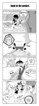 1boy 2girls 4koma ^^^ absurdres anger_vein bottomless censored clothing_aside comic crying english_text from_below glasses hair_ornament hairclip highres lewlem loli long_hair long_sleeves lotion_bottle lying monochrome multiple_girls navel novelty_censor on_back original outdoors panels pussy round_eyewear sand sitting solid_circle_eyes speech_bubble spread_legs swimsuit swimsuit_aside tears thigh_grab thighs video_camera wariza