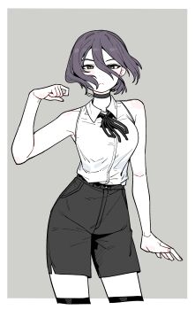 Rule 34 | 1girl, :<, absurdres, armpits, bare arms, black choker, black hair, black ribbon, black shorts, border, breasts, chainsaw man, choker, commentary request, cropped legs, expressionless, green eyes, grenade pin, grey background, hair between eyes, highres, iris out (song), long hair between eyes, looking at viewer, medium breasts, neck ribbon, reze (chainsaw man), ribbon, shirt, shorts, side slit, side slit shorts, simple background, sleeveless, sleeveless shirt, solo, white border, white shirt, wujurana