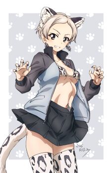 1girl animal_print ari_(girls_und_panzer) bad_source bikini blush breasts brown_eyes cat_girl erakin girls_und_panzer grin highres jacket keizoku_military_uniform leopard_print leopard_print_bikini leopard_print_thighhighs looking_at_viewer military_uniform miniskirt navel navel_piercing open_clothes open_jacket piercing print_bikini short_hair simple_background skirt small_breasts smile snow_leopard_ears snow_leopard_tail solo swimsuit thighhighs track_jacket white_hair