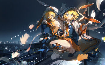 1boy 1girl animal_hood blonde_hair blue_eyes blue_shirt blue_shoes brother_and_sister closed_mouth double-parted_bangs full_body hair_between_eyes highres hood hood_up hooded_jacket jacket kagamine_len kagamine_rin kneehighs long_sleeves miniskirt night open_clothes open_jacket orange_shirt orange_skirt outdoors parted_bangs pleated_skirt rabbit rabbit_hood shirt shoes short_hair short_sleeves siblings skirt socks squatting twins vocaloid white_socks zeriko