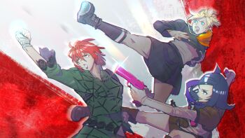 2girls 3girls amano_maya bandaged_hand bandages black_footwear black_hair black_jacket black_skirt black_socks blonde_hair blue_eyes boots brown_footwear dual_wielding flying_kick green_shirt green_skirt gun highres holding holding_gun holding_weapon jacket kicking lipstick lisa_silverman makeup mole multiple_girls neckerchief open_mouth orange_neckerchief persona persona_2 persona_2_batsu persona_2_tsumi purple_lips red_hair school_uniform serizawa_ulala seven_sisters_high_school_uniform shirt short_hair skirt smile socks spider_web_print tori_(bromaticbrotrap) weapon