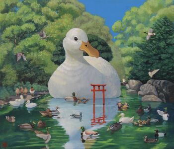 animal animal_focus baby_animal beak bird blue_sky commentary day duck duckling highres mallard matsumoto_ryohei nature no_humans original oversized_animal painting_(medium) penguin pond reflection reflective_liquid rock sky torii traditional_media tree untranslatable_commentary water