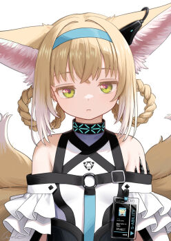 1girl absurdres animal_ears arknights bare_shoulders blonde_hair blue_hairband braid braided_hair_rings closed_mouth colored_tips commentary_request earpiece fox_ears fox_girl fox_tail green_eyes hair_rings hairband highres infection_monitor_(arknights) jitome kitsune kyuubi looking_at_viewer material_growth multicolored_hair multiple_tails oripathy_lesion_(arknights) simple_background solo straight-on suzuran_(arknights) tail twin_braids two-tone_hair upper_body welt_(kinsei_koutenkyoku) white_background white_hair