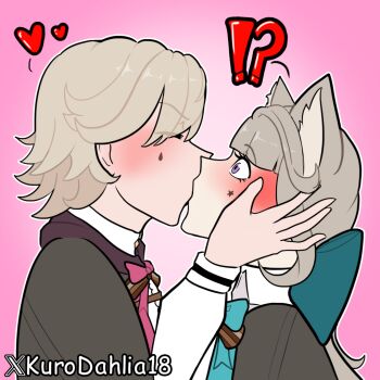 animal_ears blonde_hair brother_and_sister cat_ears cat_girl closed_eyes french_kiss holding_face incest kiss light_brown_hair lynette_(genshin_impact) lyney_(genshin_impact) purple_eyes siblings suprise_kiss surprised twincest twins wide-eyed