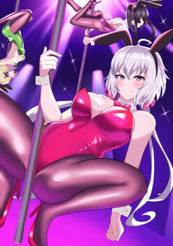 3girls ahoge akatsuki_kirika animal_ears ass black_hair blonde_hair blush bowtie breasts brown_pantyhose cleavage closed_mouth fake_animal_ears fake_tail green_leotard hair_ornament hair_scrunchie high_heels large_breasts leotard long_hair looking_at_viewer multiple_girls pantyhose pikumin64 pink_bow pink_bowtie pink_leotard playboy_bunny pole_dancing purple_eyes purple_leotard rabbit_ears rabbit_tail scrunchie senki_zesshou_symphogear short_hair tail tsukuyomi_shirabe twintails white_hair x_hair_ornament yukine_chris