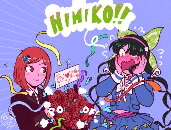 2girls :3 artist_name black_hair blue_serafuku blue_shirt blue_skirt blush blush_stickers bow brown_eyes chabashira_tenko character_name chibigaia closed_mouth collared_shirt commentary danganronpa_(series) danganronpa_v3:_killing_harmony emphasis_lines english_commentary eyelashes flower green_eyes green_ribbon hair_ornament hair_ribbon hairband hands_on_own_face heart holding long_hair long_sleeves magic_trick multiple_girls navel open_mouth purple_hairband red_hair ribbon sailor_collar school_uniform serafuku shirt short_hair sign skirt smile sound_effects speech_bubble sweat twintails white_bow white_sailor_collar yumeno_himiko yuri