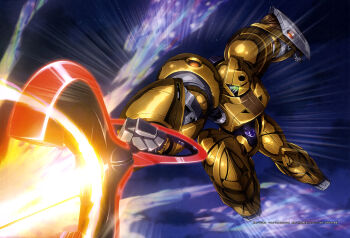 1990s_(style) absurdres artist_request battle duel energy energy_beam energy_field firing flying glint glowing glowing_eye green_eyes gundam gundam_perfect_file highres lens_flare machinery magazine_scan mecha mecha_focus mobile_suit moonlight_butterfly_(gundam) no_humans painting_(medium) perspective realistic retro_artstyle robot scan science_fiction shield sumo_(mobile_suit) traditional_media turn_a_gundam turn_a_gundam_(mobile_suit) weapon