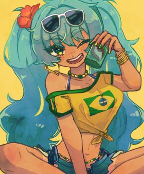 1girl ;d bangle bead_choker beads belly_chain blush_stickers bracelet brazilian_flag brazilian_flag_print brazilian_miku breasts commentary earrings exposed_pocket eyewear_on_head flag_print flower green_eyes green_hair green_nails hair_flower hair_ornament hatsune_miku highres jewelry long_hair looking_at_viewer medium_breasts midriff multicolored_nails nail_polish navel oknomyk one_eye_closed open_mouth rectangular_earrings round_teeth shirt short_shorts short_sleeves shorts shorts_tan simple_background single_bare_shoulder single_off_shoulder sitting smile solo sunglasses t-shirt tan tanline tanline_peek teeth tied_shirt twintails very_long_hair vocaloid white-framed_eyewear yellow_background yellow_nails yellow_shirt