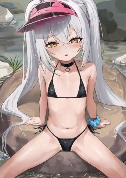 1girl ayase_shiho_(honashi) bare_arms bare_legs bare_shoulders bikini black_bikini breasts bright_pupils cameltoe choker clothing_cutout collarbone dot_nose eyelashes fingernails flat_chest grey_hair hair_between_eyes hair_ornament hair_tie halterneck heart heart_choker highres hip_bones honashi light_blush long_hair navel open_mouth original panties plant rock side-tie_panties sitting sitting_on_object small_breasts solo spread_legs swimsuit thighs tongue twintails underwear very_long_hair water wet