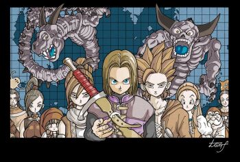 4girls 5boys androgynous beard black_hair black_shirt blonde_hair blue_eyes brown_hair camus_(dq11) closed_mouth dragon_quest dragon_quest_xi earrings facial_hair greig_(dq11) hair_tubes hairband hero_(dq11) jewelry light_smile martina_(dq11) maya_(dq11) medium_hair multiple_boys multiple_girls mustache parted_bangs ponytail purple_tunic row_(dq11) senya_(dq11) shirt sign skeleton slime_(dragon_quest) spiked_hair swept_bangs sylvia_(dq11) tcgf_04 toriyama_akira_(style) tunic upper_body veronica_(dq11) weapon weapon_on_back white_hair