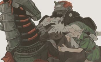 Rule 34 | 26 zzzzzz, 2boys, armor, barding, belt, big nose, black horse, brown belt, brown horse, chinese commentary, chinese zodiac, closed eyes, colored skin, commentary, dark-skinned male, dark skin, epona, ganondorf, green hat, green skin, green tunic, grey background, grin, hair intakes, hair slicked back, hands up, happy, hat, horseback riding, laughing, link, looking up, male focus, multiple boys, muted color, nintendo, parted bangs, red eyes, red hair, riding, short hair, shoulder belt, size difference, smile, solid eyes, the legend of zelda, the legend of zelda: ocarina of time, tunic, twitter username, upper body, very short hair, white hair, year of the horse