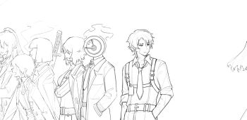 1other 2boys 3girls belt bob_cut breasts catherine_(project_moon) chest_harness cigarette collared_shirt cowboy_shot crossed_arms dante_(limbus_company) don_quixote_(project_moon) dress faust_(project_moon) greyscale half_updo harness heathcliff_(project_moon) hong_lu_(project_moon) id_card ivy_(675671) limbus_company long_hair long_sleeves looking_to_the_side medium_breasts monochrome multiple_boys multiple_girls necktie ootachi open_mouth pants project_moon ryoshu_(project_moon) shirt short_hair smile smoking upper_body very_long_hair walking_away