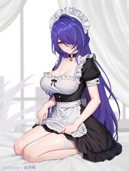 Rule 34 | 1girl, acheron (honkai: star rail), apron, artist name, bell, breasts, cleavage, earrings, hair over one eye, highres, honkai: star rail, honkai (series), jewelry, kneeling, large breasts, long hair, looking at viewer, maid, maid apron, maid headdress, multicolored hair, neck bell, on bed, purple eyes, purple hair, seiza, sitting, smile, solo, streaked hair, thighhighs, very long hair, white thighhighs, yunkaiming
