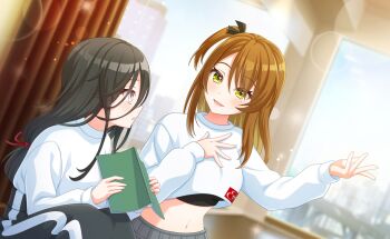 2girls alternate_costume black_hair blush book brown_hair game_cg green_eyes hair_between_eyes hair_ribbon highres holding holding_book indoors long_hair long_sleeves midriff multiple_girls navel one_side_up open_mouth red_eyes ribbon shirt smile stomach third-party_source white_shirt world_dai_star yorozu_iruru