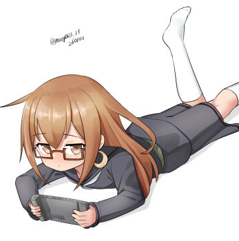 1girl absurdres black_sailor_collar black_shirt black_skirt brown_eyes brown_hair commentary_request glasses handheld_game_console highres holding holding_handheld_game_console kantai_collection long_hair looking_at_viewer lying maru_(marg0613) mochizuki_(kancolle) neckerchief nintendo_switch_2 on_stomach one-hour_drawing_challenge sailor_collar sailor_shirt school_uniform serafuku shirt simple_background skirt socks solo white_background white_neckerchief white_socks