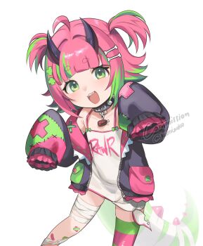 1girl ahoge bandaged_leg bandages bandaid bandaid_on_knee bandaid_on_leg black_collar black_horns black_jacket blunt_bangs bone_hair_ornament camisole clothes_writing collar commentary commission cowboy_shot crossed_bandaids dinosaur_tail green_eyes green_hair hair_ornament highres horns indie_virtual_youtuber jacket kumizoko long_sleeves looking_at_viewer monomogi multicolored_hair open_clothes open_jacket open_mouth petite pink_hair short_hair simple_background single_thighhigh sleeves_past_fingers sleeves_past_wrists smile solo stitches streaked_hair striped_clothes striped_thighhighs tail tareme teeth thick_eyebrows thighhighs two-tone_hair two_side_up upper_teeth_only virtual_youtuber watermark white_background white_camisole