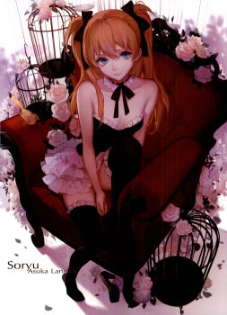 Rule 34 | 1girl, absurdres, ask (askzy), bird, birdcage, black bow, black shoes, black socks, blue eyes, bow, cage, couch, flower, highres, neon genesis evangelion, pink flower, pink rose, rose, shoes, socks, souryuu asuka langley, twintails