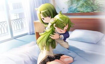 2girls ^_^ aki_mabayu artist_request asymmetrical_bangs back_bow bags_under_eyes balcony bead_bracelet beads black_skirt blue_shirt blunt_bangs blunt_ends blush bow bracelet closed_eyes closed_mouth collared_shirt cowboy_shot crying curtains dot_nose game_cg green_hair hair_ornament hair_over_one_eye hairclip happy happy_tears high_collar highres hug jewelry juliet_sleeves lace lace-trimmed_shirt lace-trimmed_sleeves lace_trim long_hair long_sleeves magia_record:_mahou_shoujo_madoka_magica_gaiden mahou_shoujo_madoka_magica mahou_shoujo_madoka_magica_magia_exedra medium_hair messy_hair miniskirt mitakihara_school_uniform mother_and_daughter multiple_girls nightstand official_art on_bed open_mouth painting_(object) parted_bangs pillow plaid_clothes plaid_skirt pleated_skirt pocket puffy_sleeves purple_eyes raised_inner_eyebrows school_uniform shirt sitting skirt sleeve_cuffs smile tears under_covers very_long_hair window yellow_bow yellow_shirt