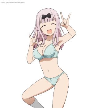 Rule 34 | 1girl, \n/, artist name, black bow, bow, bow bra, bow panties, bra, breasts, closed eyes, collarbone, commentary, coro fae, double \n/, english commentary, fanbox username, fingernails, fujiwara chika, green bra, green panties, hair bow, highres, kaguya-sama wa kokurasetai ~tensai-tachi no renai zunousen~, large breasts, leg up, long hair, nail polish, navel, open mouth, panties, pink hair, pink nails, simple background, smile, socks, solo, stomach, thighs, twitter username, underwear, underwear only, white background, white socks