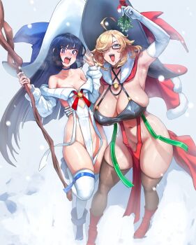 2girls ahoge bare_shoulders bell black_hair blonde_hair blue_eyes blue_hat blush breasts brown_thighhighs cleavage dress eu03 hair_over_one_eye hat highres huge_breasts jingle_bell long_hair looking_at_viewer multiple_girls navel off_shoulder open_mouth original pelvic_curtain purple_eyes red_dress red_hat short_dress small_breasts smile snow staff thick_thighs thighhighs thighs white_dress white_thighhighs witch witch_(eu03) witch_hat